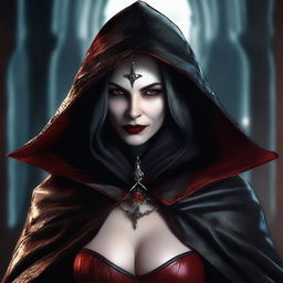 A mature, evil hooded vampire queen with a big bust and red eyes, wearing elaborate and fancy leather clothing