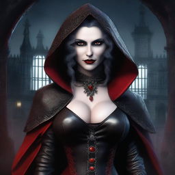 A mature, evil hooded vampire queen with a big bust and red eyes, wearing elaborate and fancy leather clothing