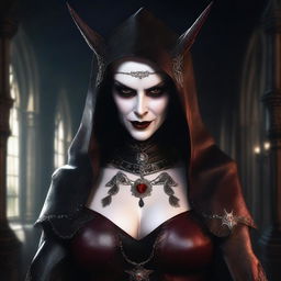 A mature, evil hooded vampire queen with a big bust and red eyes, wearing elaborate and fancy leather clothing