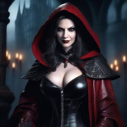 A mature, evil hooded vampire queen with a big bust and red eyes, wearing elaborate and fancy leather clothing