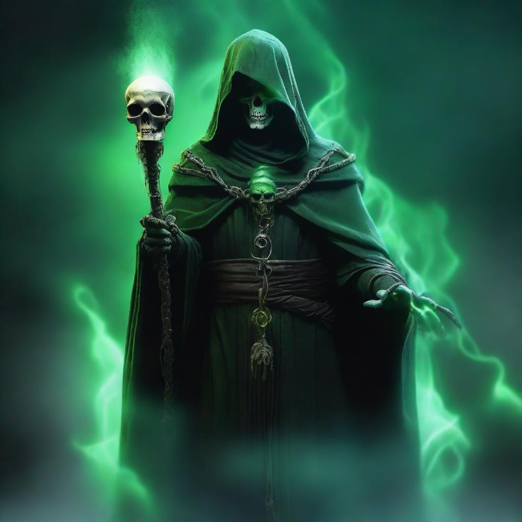 A powerful, evil lich archwizard, clad in dark, tattered robes, holding a glowing staff adorned with a skull