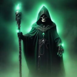 A powerful, evil lich archwizard, clad in dark, tattered robes, holding a glowing staff adorned with a skull