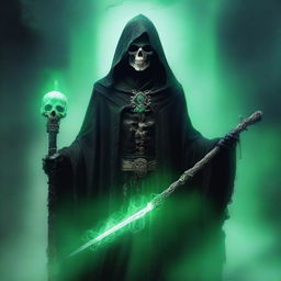 A powerful, evil lich archwizard, clad in dark, tattered robes, holding a glowing staff adorned with a skull