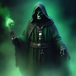 A powerful, evil lich archwizard, clad in dark, tattered robes, holding a glowing staff adorned with a skull