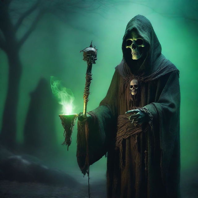 A powerful, evil zombie lich archwizard, clad in dark, tattered robes, holding a glowing staff adorned with a skull