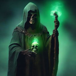 A powerful, evil zombie lich archwizard, clad in dark, tattered robes, holding a glowing staff adorned with a skull