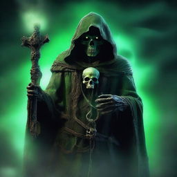 A powerful, evil zombie lich archwizard, clad in dark, tattered robes, holding a glowing staff adorned with a skull