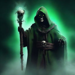 A powerful, evil zombie lich archwizard, clad in dark, tattered robes, holding a glowing staff adorned with a skull