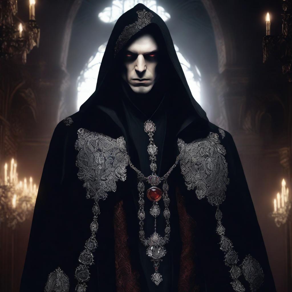 An evil hooded noble vampire lord, dressed in luxurious, dark velvet robes with intricate silver embroidery