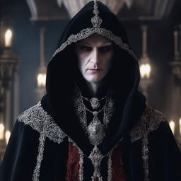 An evil hooded noble vampire lord, dressed in luxurious, dark velvet robes with intricate silver embroidery