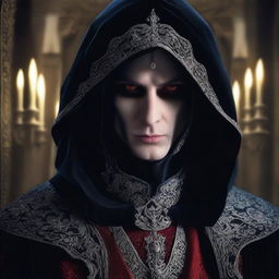 An evil hooded noble vampire lord, dressed in luxurious, dark velvet robes with intricate silver embroidery