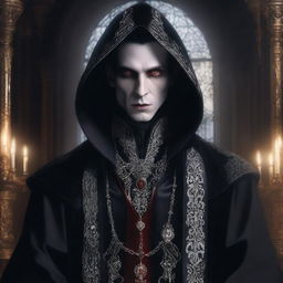 An evil hooded noble vampire lord, dressed in luxurious, dark velvet robes with intricate silver embroidery