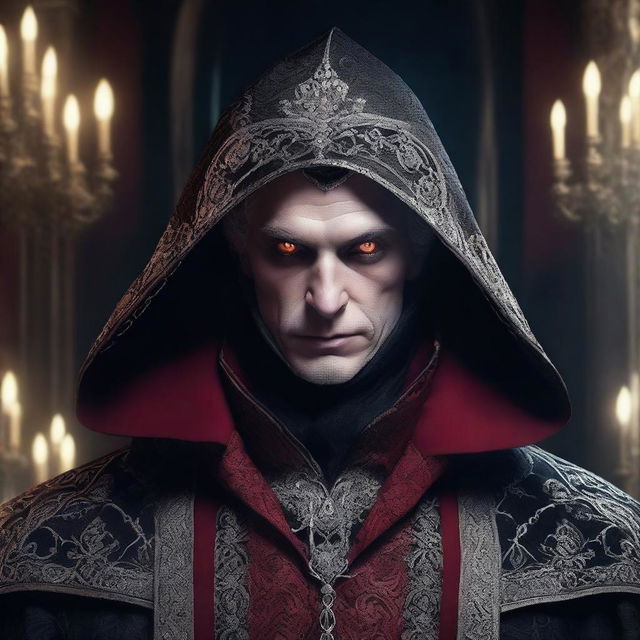 An evil hooded nobleman vampire lord, smirking with a sinister expression