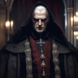 An evil hooded nobleman vampire lord, smirking with a sinister expression