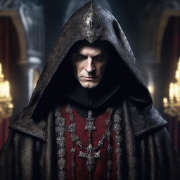 An evil hooded nobleman vampire lord, smirking with a sinister expression