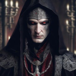 An evil hooded nobleman vampire lord, smirking with a sinister expression