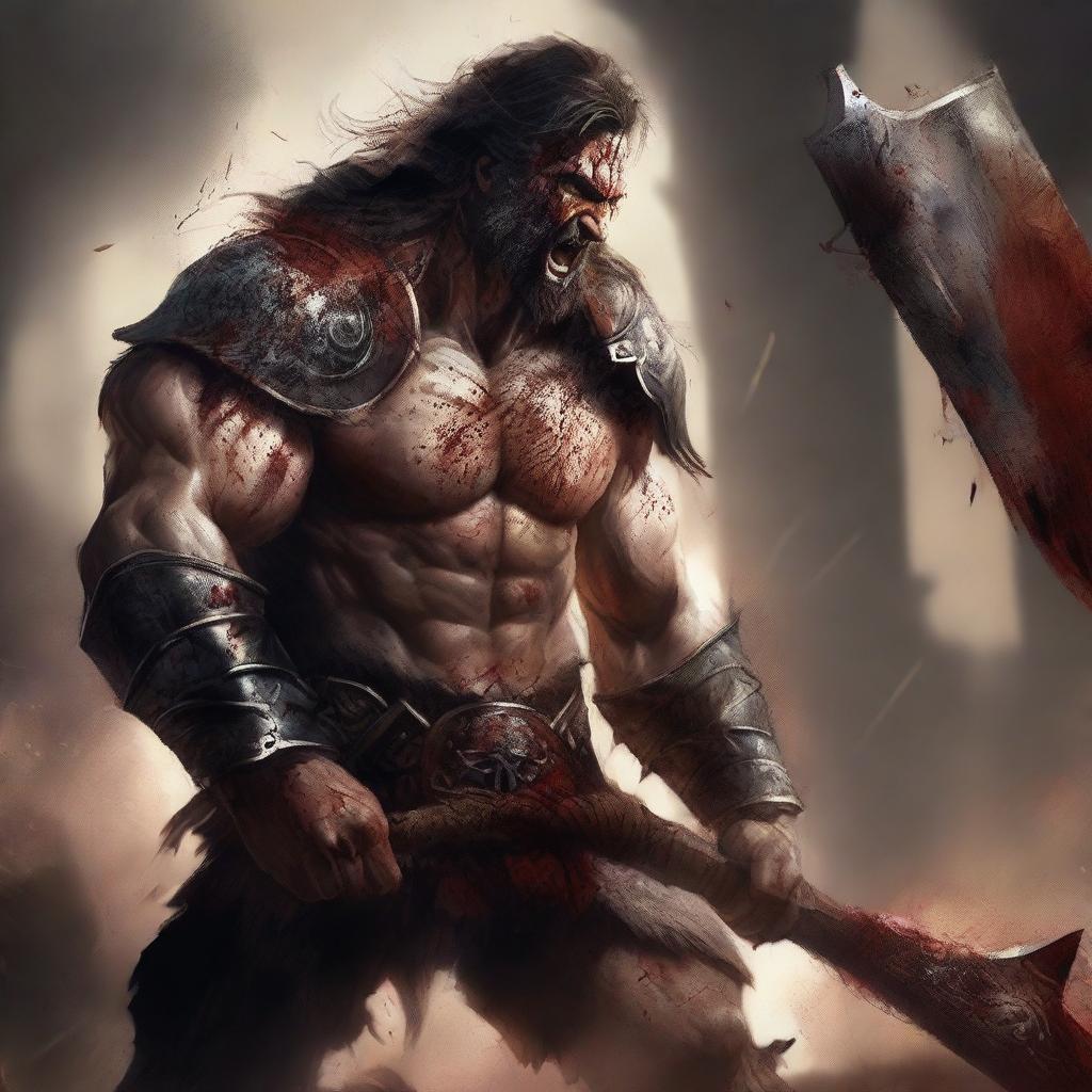 An evil, bloodthirsty barbarian gladiator, wielding a massive, blood-stained axe