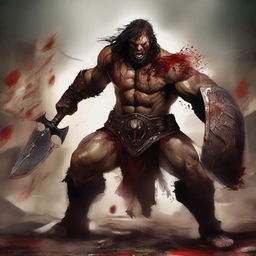 An evil, bloodthirsty barbarian gladiator, wielding a massive, blood-stained axe