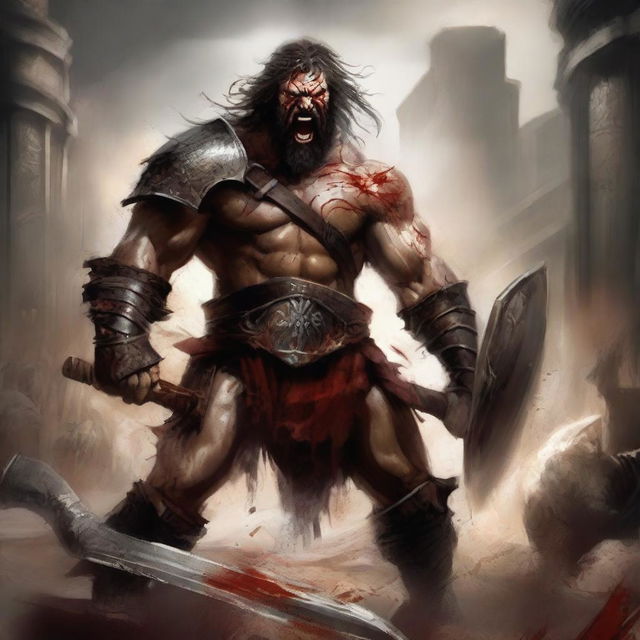 An evil, bloodthirsty barbarian gladiator, wielding a massive, blood-stained axe