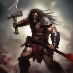 An evil, bloodthirsty barbarian gladiator, wielding a massive, blood-stained axe