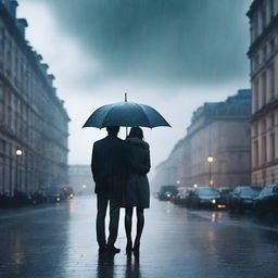 A cover of a sad love story novel, featuring a melancholic couple standing apart under a rainy sky