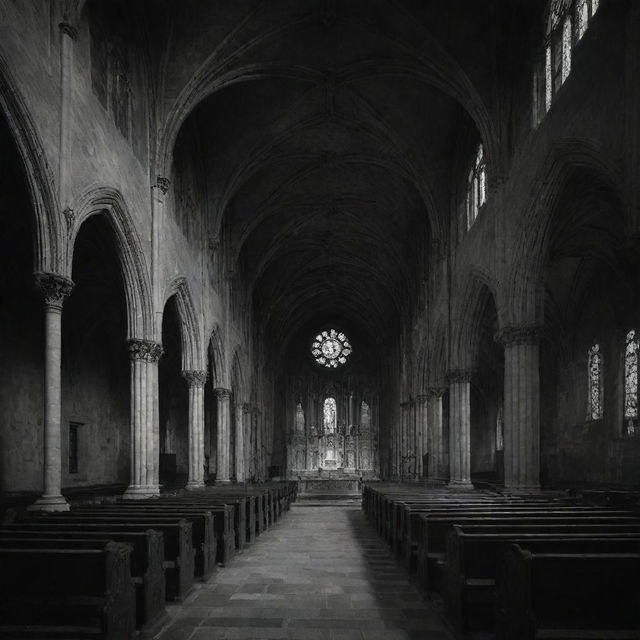 A highly detailed, abandoned gothic church with ornate architecture and melancholic frescoes, under the cover of night. Faint light shadows point revealing a ghost in the midst, all in stark black and white.