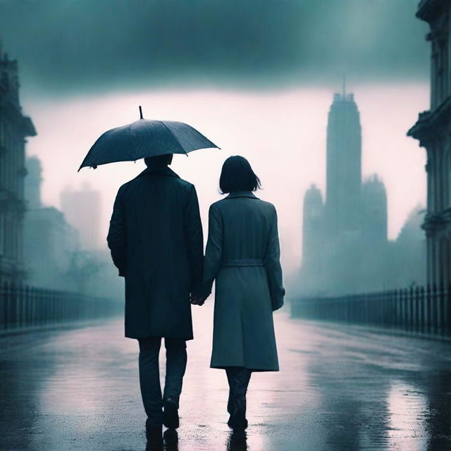 A cover of a sad love story novel, featuring a melancholic couple standing apart under a rainy sky