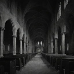 A highly detailed, abandoned gothic church with ornate architecture and melancholic frescoes, under the cover of night. Faint light shadows point revealing a ghost in the midst, all in stark black and white.