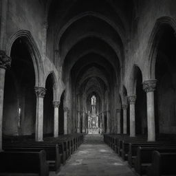 A highly detailed, abandoned gothic church with ornate architecture and melancholic frescoes, under the cover of night. Faint light shadows point revealing a ghost in the midst, all in stark black and white.