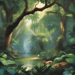 A lush, vibrant jungle scene filled with dense foliage, towering trees, and a variety of exotic plants and animals