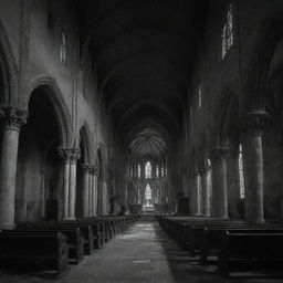 A highly detailed, abandoned gothic church with ornate architecture and melancholic frescoes, under the cover of night. Faint light shadows point revealing a ghost in the midst, all in stark black and white.