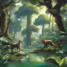 A lush, vibrant jungle scene filled with dense foliage, towering trees, and a variety of exotic plants and animals