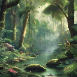 A lush, vibrant jungle scene filled with dense foliage, towering trees, and a variety of exotic plants and animals