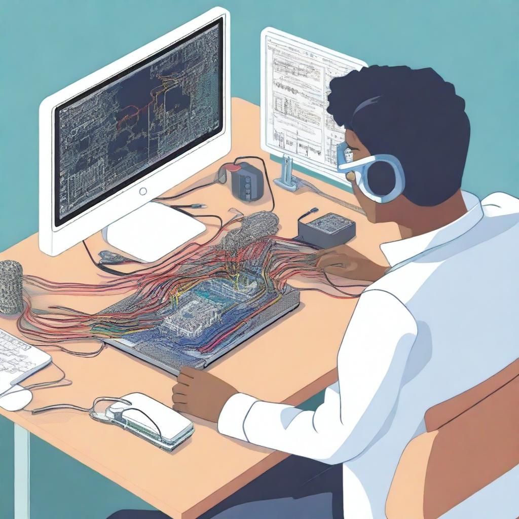 A detailed illustration of a person creating electrical circuits using Tinkercad on a computer