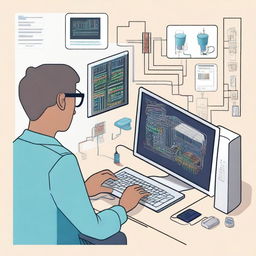 A detailed illustration of a person creating electrical circuits using Tinkercad on a computer