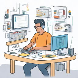 A detailed illustration of a person creating electrical circuits using Tinkercad on a computer