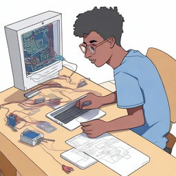 A detailed illustration of a person creating electrical circuits using Tinkercad on a computer