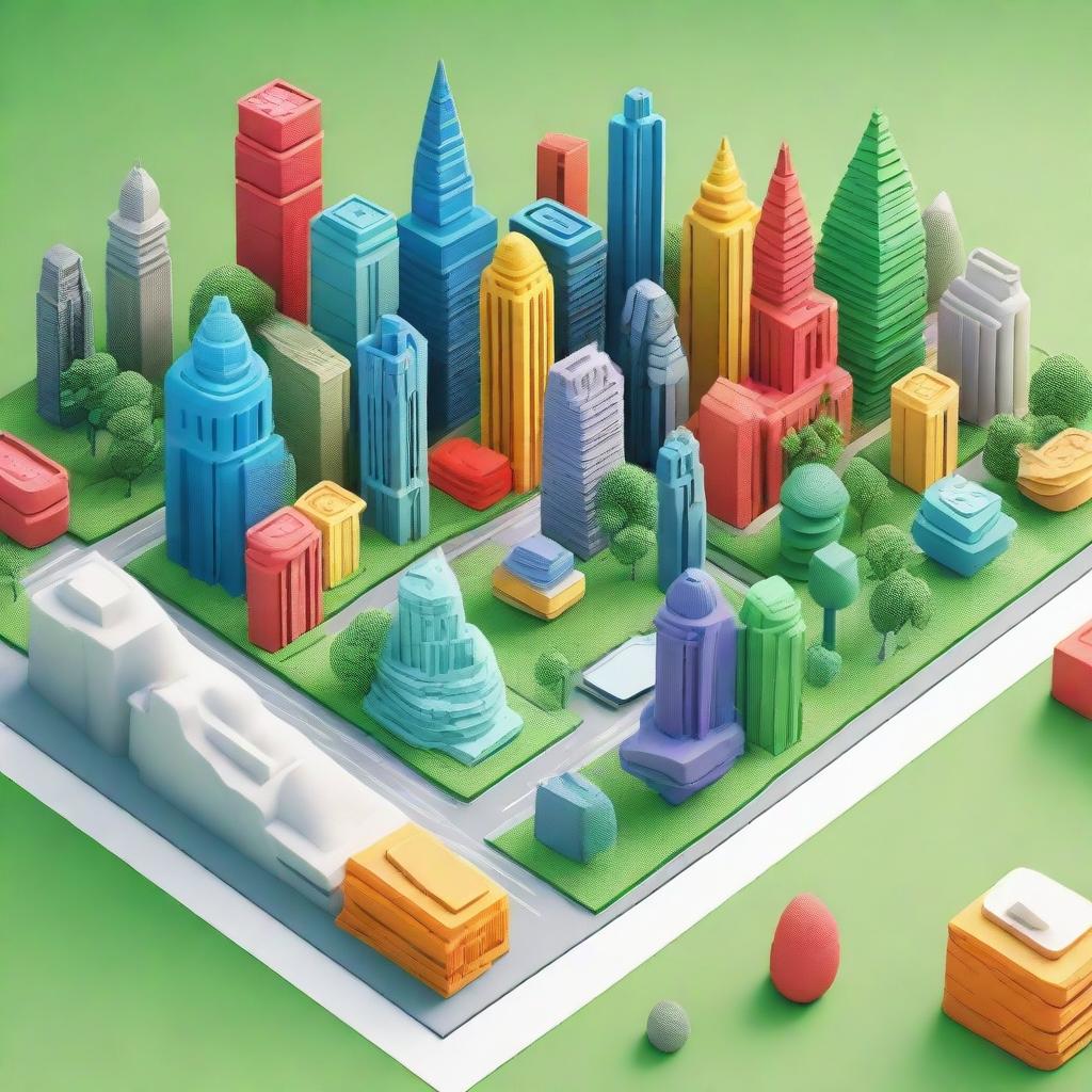 A detailed and colorful 3D model created in Tinkercad, showcasing a futuristic cityscape with towering skyscrapers, flying cars, and lush green parks