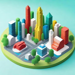 A detailed and colorful 3D model created in Tinkercad, showcasing a futuristic cityscape with towering skyscrapers, flying cars, and lush green parks