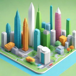 A detailed and colorful 3D model created in Tinkercad, showcasing a futuristic cityscape with towering skyscrapers, flying cars, and lush green parks