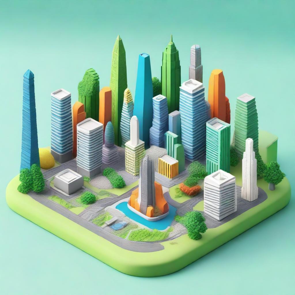 A detailed and colorful 3D model created in Tinkercad, showcasing a futuristic cityscape with towering skyscrapers, flying cars, and lush green parks