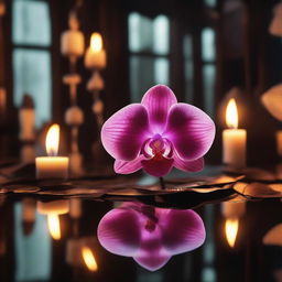 A beautiful orchid surrounded by mirrors and bones, with paper on fire in the background