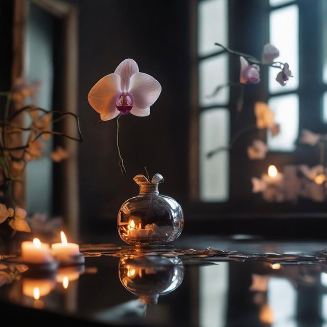 A beautiful orchid surrounded by mirrors and bones, with paper on fire in the background