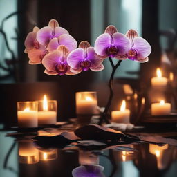 A beautiful orchid surrounded by mirrors and bones, with paper on fire in the background