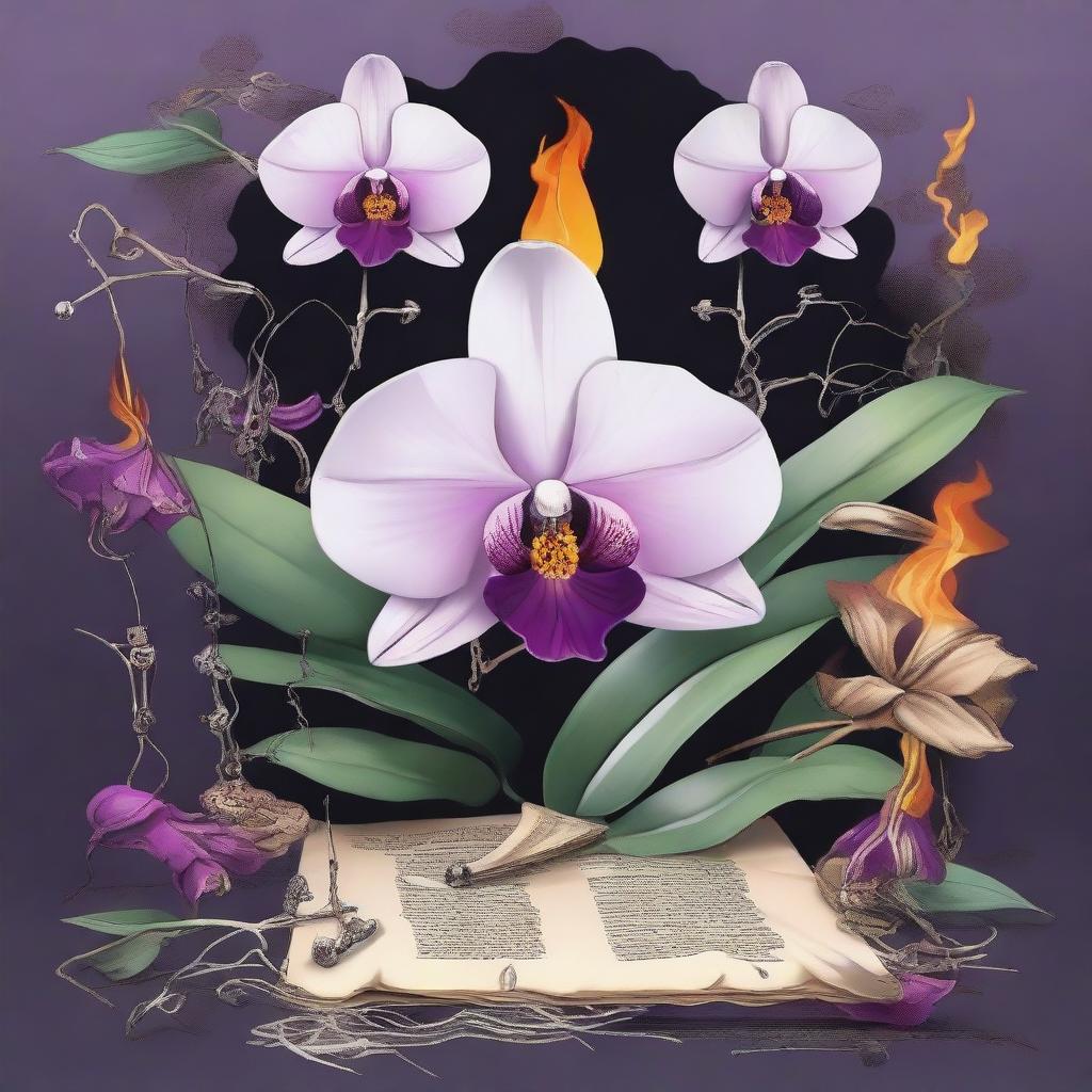 A detailed illustration of an orchid surrounded by mirrors and bones, with pieces of paper on fire