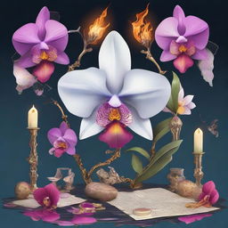 A detailed illustration of an orchid surrounded by mirrors and bones, with pieces of paper on fire