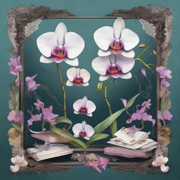 A detailed illustration of an orchid surrounded by mirrors and bones, with pieces of paper on fire