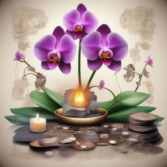 A detailed illustration of an orchid surrounded by mirrors and bones, with pieces of paper on fire