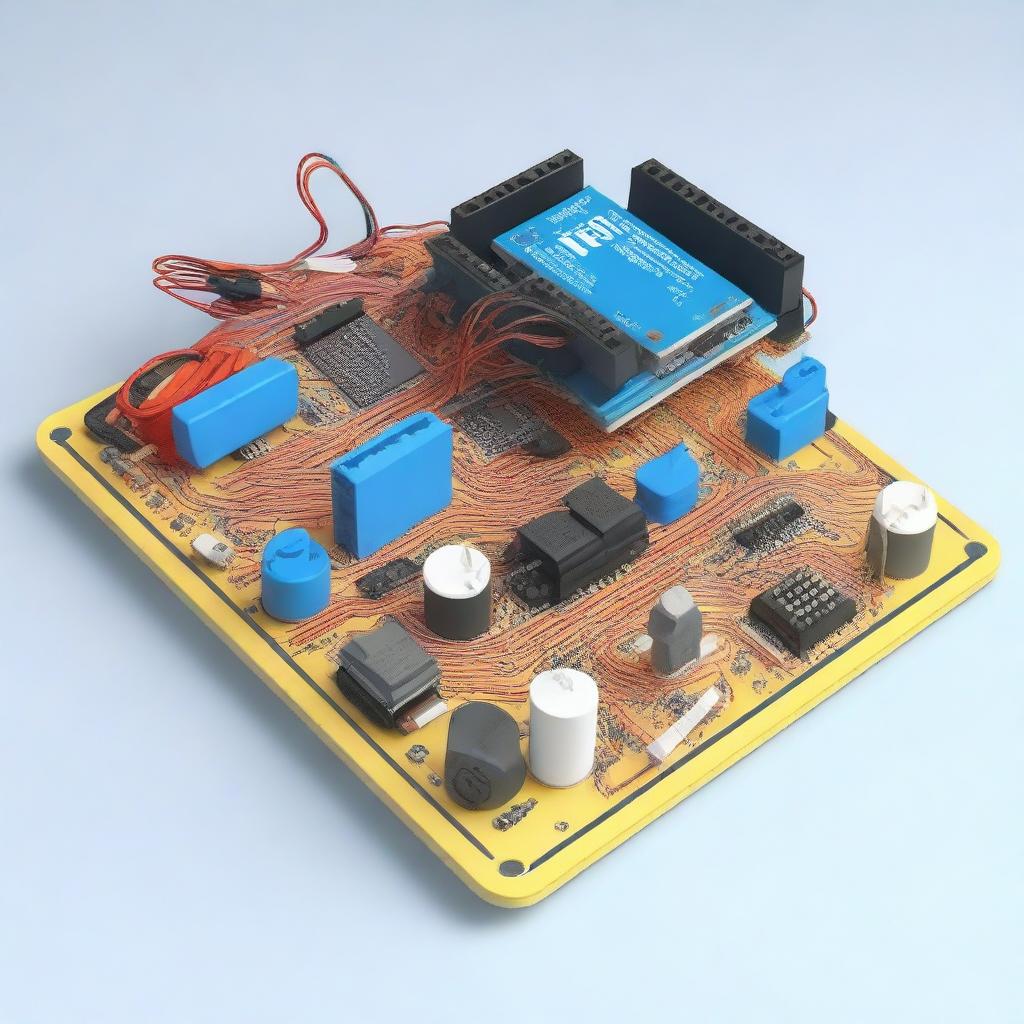 A detailed 3D model of electrical circuits created in Tinkercad, featuring an Arduino board with various components like resistors, capacitors, LEDs, and wires