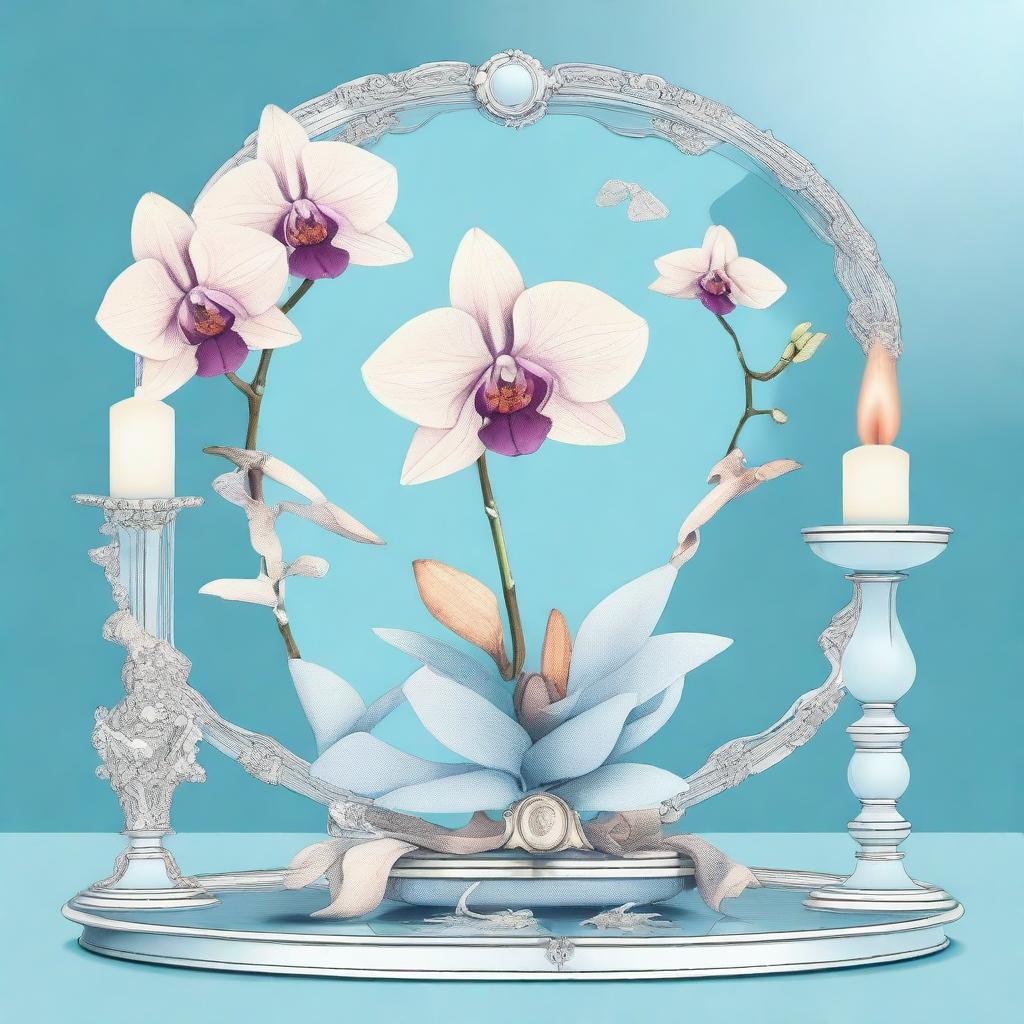 An illustration of an orchid surrounded by mirrors and bones, with paper on fire